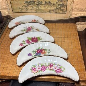 Set of 5 Side Bone Dishes Curved Ceramic 6 5/8”Lx4”Wx7/8”H EVC